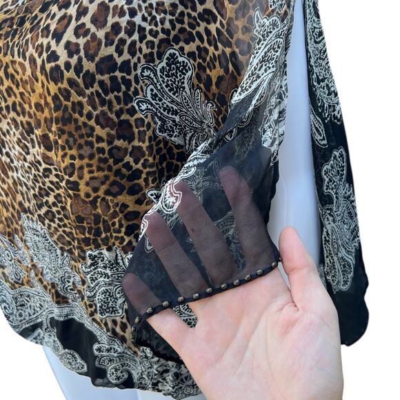 Y2K Caché Silk Chiffon Cold Shoulder Blouse Beaded Leopard Print Paisley Med - Picture 3 of 6